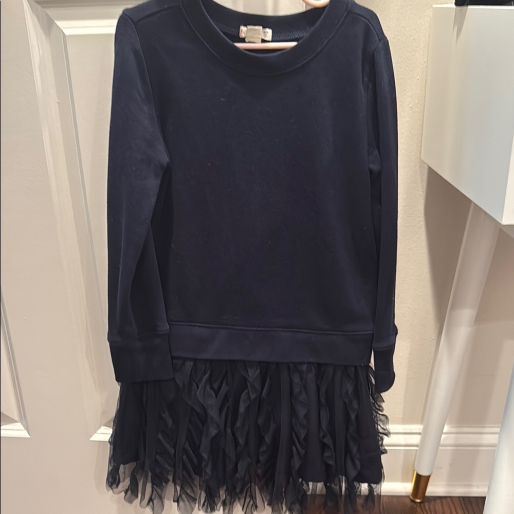 Navy Blue sweatshirt girls dress with Ruffle Hem